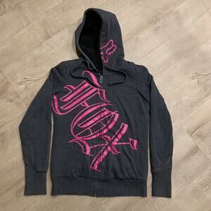 Y2K Fox Racing Hoodie Womens Medium Gray Hot Pink Sherpa Fleece Fur Lined Zip-Up
